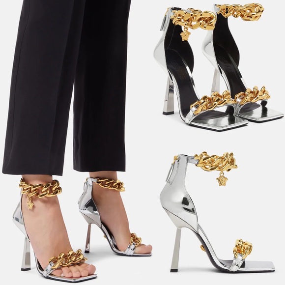 Versace Gold Medusa Chain Leather Sandal in Silver Mixed Metals - Picture 3 of 16
